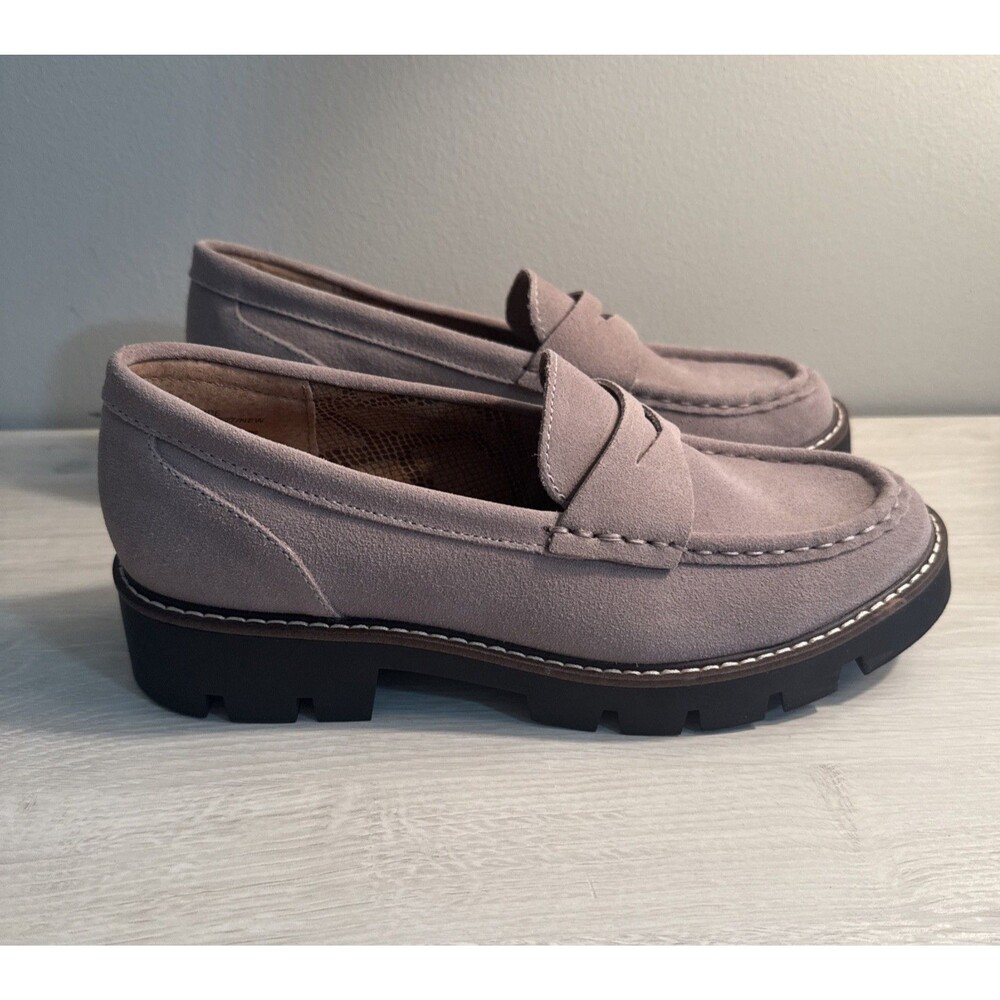 House of Harlow 1960 Gunner Suede Taupe Leather Penny Loafer Shoes Lug New 9